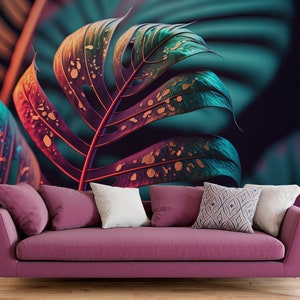 Colourful wallpaper, abstract tropical leaf, Wall Mural, Removable, Self Adhesive(Peel&Stick), Non Self Adhesive(Vinyl), Wall Decor