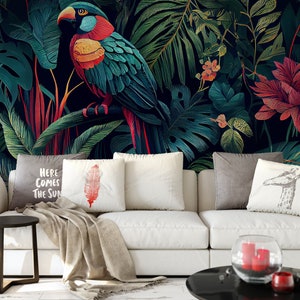 Tropical exotic wallpaper with parrot and flower, Wall Mural, Removable, Self Adhesive(Peel&Stick), Non Self Adhesive(Vinyl), Wall Decor