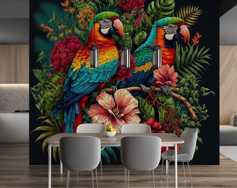 Papel de Parede Floral com Papagaios Tropicais, Decoração de Parede com Aves Exóticas (Autoadesivo, Vinil)