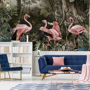 Vintage wallpaper jungle, tropical forest flamingo, birds, Wall Mural, Removable, Self Adhesive (Peel and Stick), Non Self Adhesive (Vinyl)