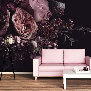 Dark floral wall mural with beautiful purple bouquet of flowers wallpaper, pink roses peel and stick, self adhesive, wall decor,