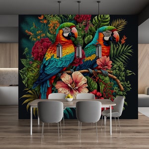 Floral wallpaper with bird, tropical plants, parrots, Wall Mural, Removable, Self Adhesive(Peel&Stick), Non Self Adhesive(Vinyl), Wall Decor