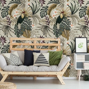 Tropical wallpaper, vintage exotic bird, hibiscus flower, Wall Mural, Removable, Self Adhesive (Peel and Stick), Non Self Adhesive (Vinyl)
