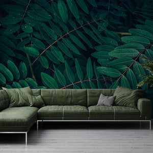 Dark Green Leaves Wallpaper, Plants, Photo Wallpaper, peel and stick wall mural, self adhesive, wall decor