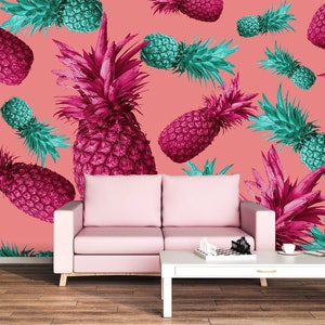 Funny pink photo wallpaper with pink and mint pineapples, tropical wall mural, peel and stick, self adhesive wallpaper, wall decor