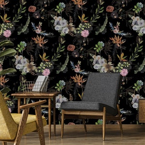 Dark Floral Wallpaper with Watercolro Flowers, Field Flowers peel and stick wall mural, self adhesive wallpaper, wall decor