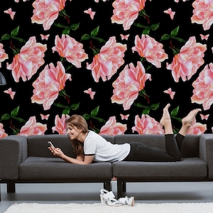 Dark floral wallpaper with watercolor pink roses and butterflies, floral wall mural, peel and stick, self adhesive wallpaper, wall decor