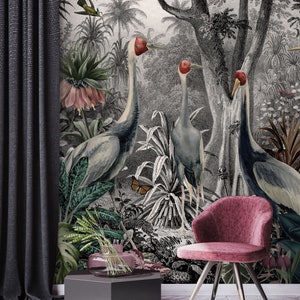 Vintage wallpaper jungle forest, tropical palm, birds, peel and stick, self adhesive, wall decor, Removable Wallpaper