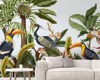 Tropical Birds Leaves Wallpaper, Self Adhesive Wall Mural, Peel Stick Decor
