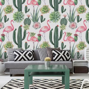 Carta da parati leggera con cactus e fiamme rosa, murale esotico, murale staccabile e attaccabile, carta da parati autoadesiva, decorazione da parete