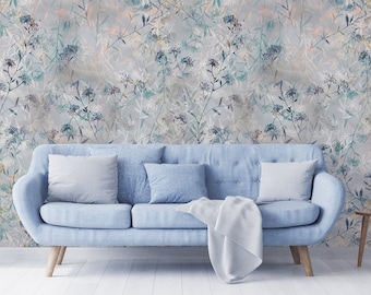 Light Blue Watercolor Wallpaper with leaves, watercolor wall mural, peel and stick wallpaper, self adhesive, wall decor