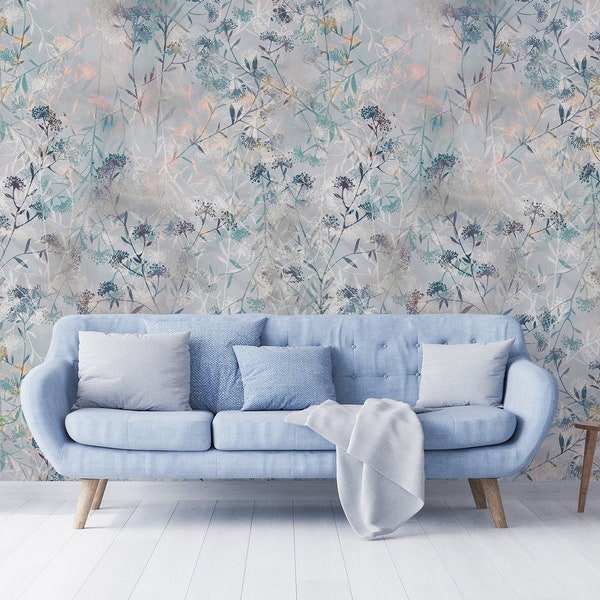 Light Blue Watercolor Wallpaper with leaves, watercolor wall mural, peel and stick wallpaper, self adhesive, wall decor