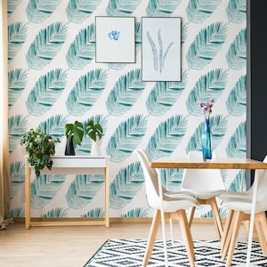 Light watercolor wallpaper with blue, turquoise feather, leaves, mint leaves wall mural, peel and stick wall mural, self adesive, wall decor