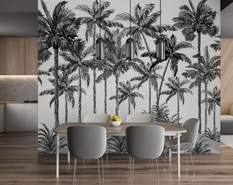 Black and White Palm Tree Wallpaper, Modern Tropical Wall Mural (Peel and Stick, Vinyl)