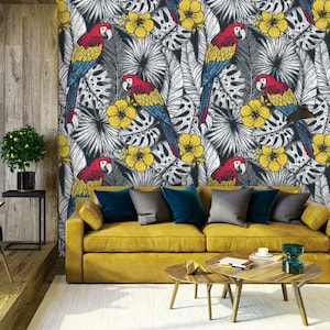 Tropical wallpaper with parrot and palm leaves, jungle pattern, peel and stick, self adhesive, wall decor, Removable Wallpaper