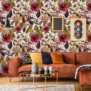 Floral wallpaper with watercolor red flowers and leaves, wall mural, peel and stick, self adhesive wallpaper, wall decor