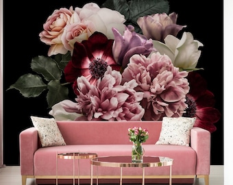 Floral Bouquet Peony Photo Wallpaper, Pink Roses Wall Mural (Peel and Stick)