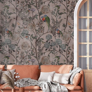 Tropical wallpaper with bird and flowers, Wall Mural, Removable, Self Adhesive (Peel and Stick) or Non Self Adhesive (Vinyl/Traditional)