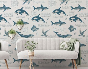 Vintage Fish and Sea Animals Wallpaper, Peel and Stick Removable Wall Decor