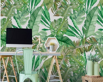 Watercolor tropical green leaves wallpaper, palm and monstera leaves, jungle wall mural, peel and stick, self adhesive wallpaper, wall decor