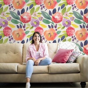 Carta da parati ad acquerello con fiori colorati arancioni e rosa, carta da parati, stacca e incolla, carta da parati autoadesiva, decorazione da parete