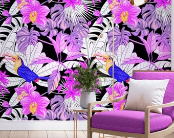 Wallpaper with tropical plants and flowers, Wall Mural, Self Adhesive(Peel and Stick) or Non Self Adhesive (Vinyl/Traditional)