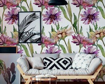 Watercolor Floral Wallpaper, Purple Yellow Big Flowers, Peel and Stick Wall Mural