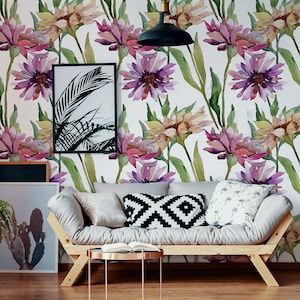 Light wallpaper with watercolor big purple and yellow flowers, floral wall mural, peel and stick wallpaper, wall decor