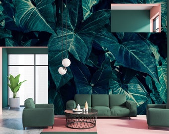 Blue Green Tropical Leaf Wallpaper, Peel and Stick Wall Decor