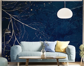 Abstract behang met blauwe en gele tropische bladeren, botanisch patroon, schil en plak, zelfklevend, wanddecoratie, verwijderbaar behang