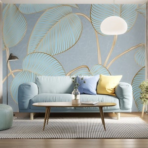 Abstract wallpaper with tropical leaves, art deco style, peel and stick, self adhesive, wall decor, Removable Wallpaper