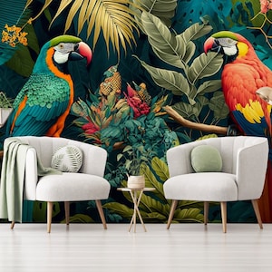 Tropical bird wallpaper, rainforest, parrots, Wall Mural, Removable, Self Adhesive (Peel and Stick), Non Self Adhesive(Vinyl), Wall Decor