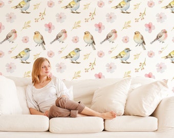 Sparrow With Flowers wall decor Repositionable Sparrow wall mural Reusable Removable MAF022 Peel and stick Leaves removable wallpaper