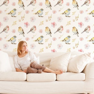 Light natural wallpaper with watercolor sparrows and flowers, wall mural with birds, peel and stick wallpaper, self adhesive, wall decor