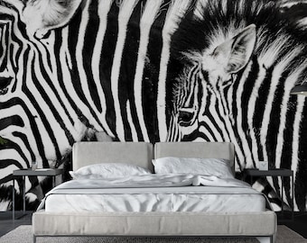 Black and White Zebra Mural, Animals Peel and Stick Wallpaper, Self Adhesive Wall Decor