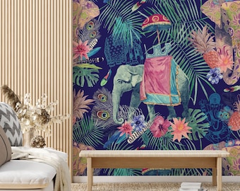 Exotic watercolor wallpaper with elephants, flowers, leaves, feathers, peel and stick, self adhesive, wall decor, Removable Wallpaper