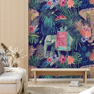 Exotische Tapete mit Elefanten, Blumen, Blättern, Federn, Schälen und Aufkleben, selbstklebend, Wanddeko, rückstandsfrei entfernbar