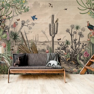 Vintage wallpaper with desert landscape, cactus, birds, reptiles and insects, peel and stick, self adhesive, wall decor, Removable Wallpaper