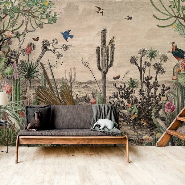 Vintage wallpaper with desert landscape, cactus, birds, reptiles and insects, peel and stick, self adhesive, wall decor, Removable Wallpaper