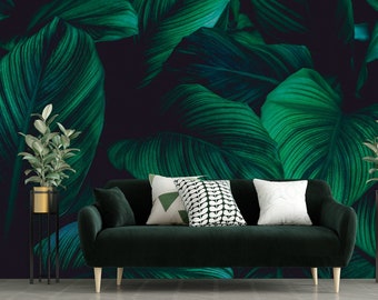 Tropical dark green big leaves wallpaper, exotic wall mural, leaves photo wallpaper, peel and stick self adhesive, wall decor