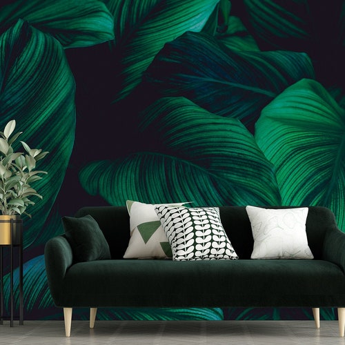 Tropical Dark Green Big Leaves Wallpaper Exotic Wall Mural - Etsy Tropical Dark Green Big Leaves Wallpaper Exotic Wall Mural - Etsy
