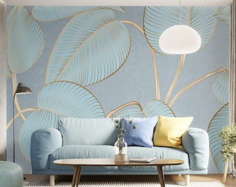 Abstract wallpaper with tropical leaves, art deco style, peel and stick, self adhesive, wall decor, Removable Wallpaper