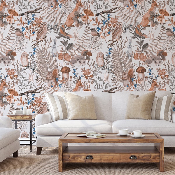 Woodland Animals Wallpaper, Forest Leaves Mushrooms, Fox Hedgehog, Peel Stick Wall Decor