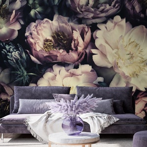 Bellissimi fiori viola, carta da parati, peonie, carta da parati fotografica floreale, murale staccabile e attaccabile, autoadesivo, decorazione da parete