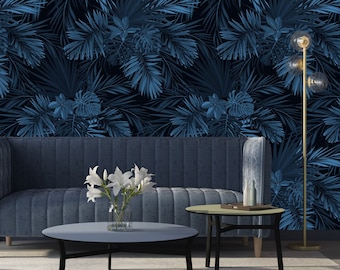 Dark Navy Blue Tropical Wallpaper with Exotic Leaves, wall mural, peel and stick wallpaper, wall decor