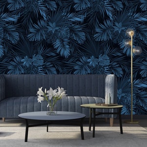 Dark Navy Blue Tropical Wallpaper with Exotic Leaves, wall mural, peel and stick wallpaper, wall decor