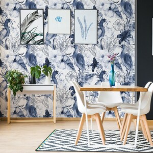 Watercolor white wallpaper with blue flowers and crane, tropical leaves wall mural, peel and stick wallpaper, self adhesive, wall decor