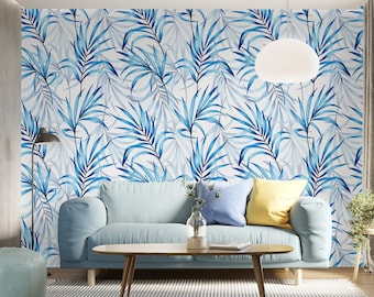Watercolor Blue Tropical Palm Leaves Wallpaper, Peel and Stick Wall Decor