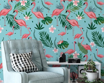 Pink Flamingo Tropical Leaf Floral Wallpaper (Peel and Stick or Vinyl)