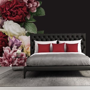 Black Wallpaper with Big Flowers, Red and Pink Peonies, bouquet of Flowers, Floral peel and stick wall mural, self adhesive, wall decor